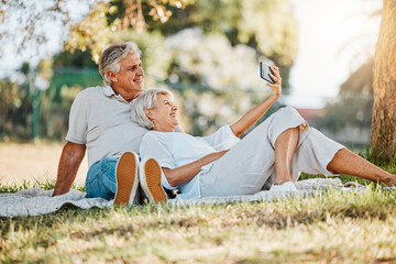 Picnic, selfie and senior couple with love, relax and connection with social media, retirement and...