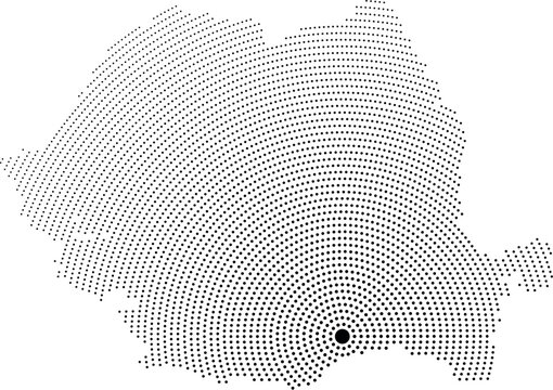 Dotted map of Romania centered on Bucharest