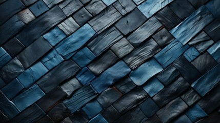 A stunningly abstract pattern of blue and black rectangles adorns the roof of this majestic building, creating an ethereal atmosphere of awe and intrigue