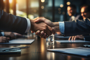 Businessmen shake hands with joy in the conference room. - obrazy, fototapety, plakaty