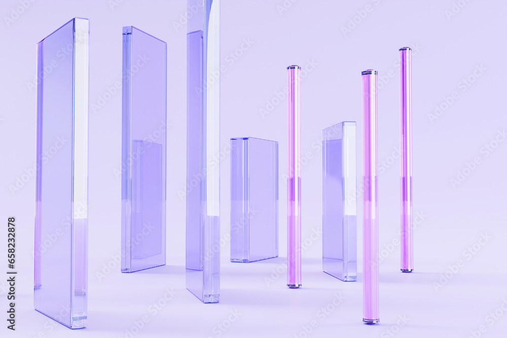 Aufkleber purple glass rectangular plates and pink crystal tubes on abstract background 3d render. transparent