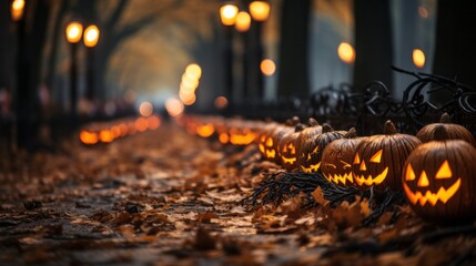 On a crisp autumn night, a row of glowing jack-o-lanterns illuminated the ground, their fiery orange calabazas providing a harvest of warmth and light