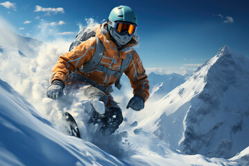 male snowboarder snowboarding in winter in mountains - obrazy, fototapety, plakaty