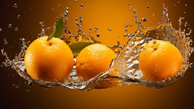 Several oranges falling on water and splashing water droplets, commercial photo