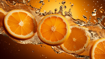 Several oranges falling on water and splashing water droplets, commercial photo