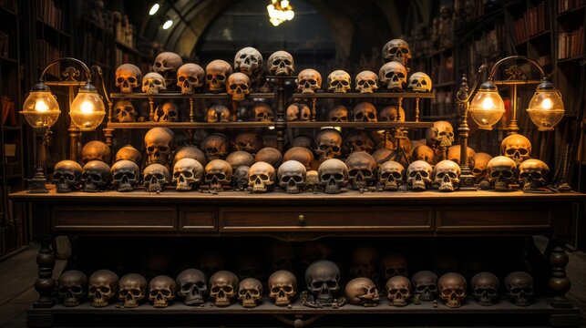 The soft candlelight illuminates the mysterious display of skulls on the shelf, creating an eerie yet captivating atmosphere within the indoor space