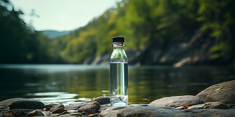 Obraz na płótnie Canvas a water bottle on the stone with green mountain and river background