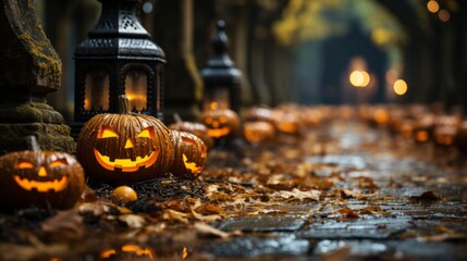 On a crisp fall day, a vibrant group of pumpkins lie on the sidewalk, illuminated by their carved jack-o'-lanterns, a reminder of the impending halloween season and the joy of trick-or-treating - obrazy, fototapety, plakaty
