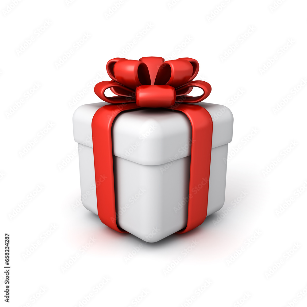 Poster white minimal present box with red ribbon and bow or cute gift box isolated on white background with