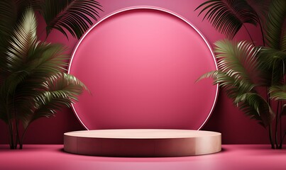 Obraz premium round podium with palm trees and beautiful lighting. Generative Ai
