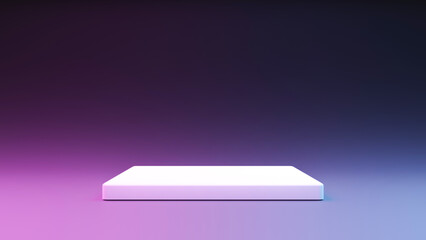 White empty podium or pedestal for product presentation. Mockup platform on blue and purple background. 3d rendering