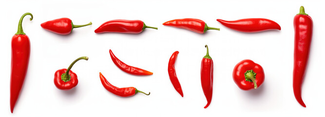 Set of whole and sliced Red pepper, isolated on white background, Top view