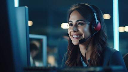 Friendly call center agent answering incoming calls with a headset, providing customer service remotely. Happy woman using her excellent communication skills to resolves customer issues.