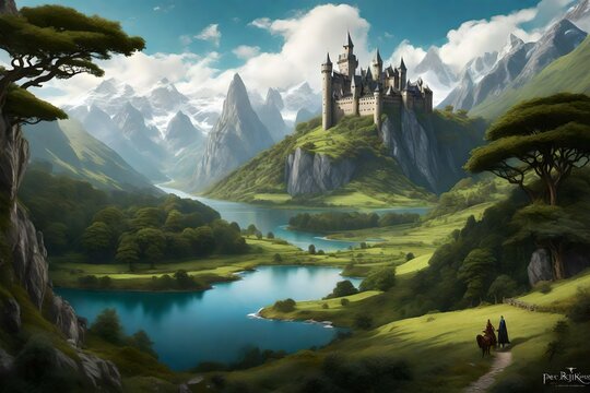 A sprawling, majestic landscape with castle reminiscent - AI Generative