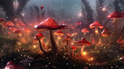 Magic Mushrooms In a Forest, Generative AI Illustration