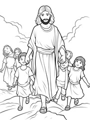 Jesus christ walk with kids, simple thick lines kids or children cartoon coloring book pages . No Background, Generative AI	
