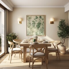 beautiful cosy natural contemporary interior dining room area with bright and clean design element earth tone material color scheme decorating house beauty background