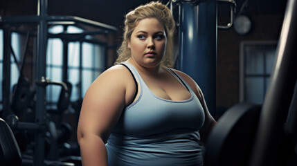 Fototapeta na wymiar Fat young girl working out at the fitness club
