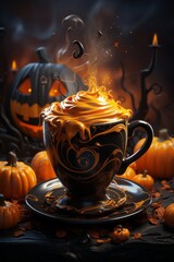 Spooky pumpkin drink, with Halloween decoration and pumpkin.
