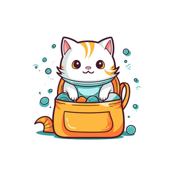 Cat with fish bag cartoon , Illustration, Cartoon PNG