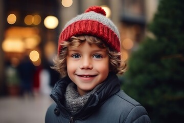 Portrait of a cute little boy in a red hat and scarf on the street