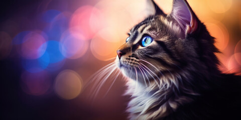 Close up cat on colorful bokeh christmas background