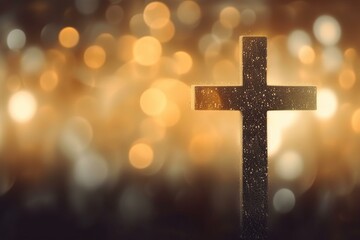 Silhouette of Christian cross on grey background with soft bokeh lights. Copy space for church worship, salvation, and faith symbol in Jesus Christ. Holy cross for Christmas and Easter. Generative AI