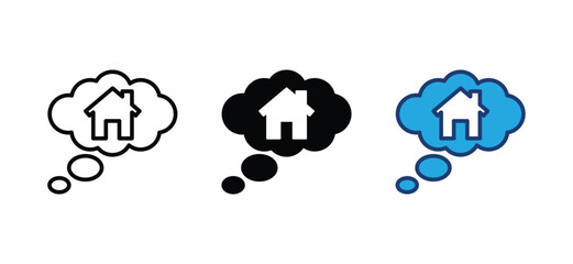 Dream house icon. Thought bubbles, talk, chat, and speech bubble with home, house, real estate, property, residence, apartment icon symbol. Vector illustration