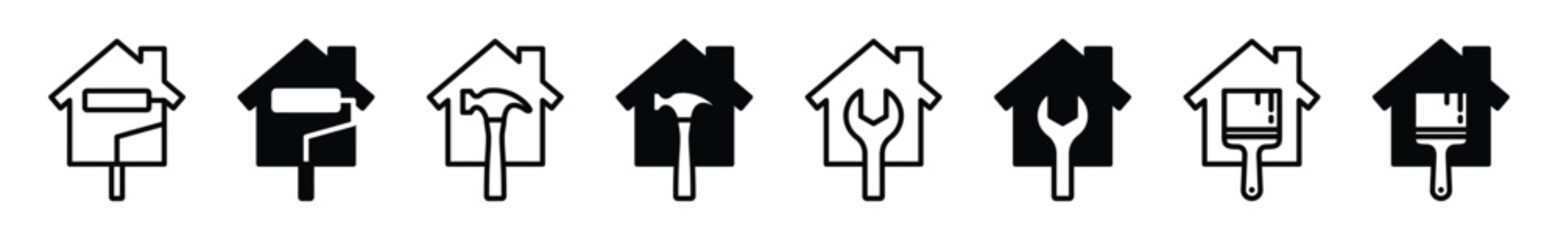 Home renovation icons. Home improvement icon. House with paintbrush, wrench, hammer symbol in line and flat style on white background for apps and websites. Vector illustration