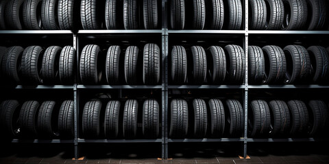 car tire background tyre pattern, tire line in shelves on wall, dark grey black banner, concept of tire selling buying business, auto repair center fixing garage