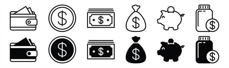 Finance line icon set. Money, Wallet, piggy bank, coin, money bag or box, savings icons symbol on white background. Vector illustration - obrazy, fototapety, plakaty