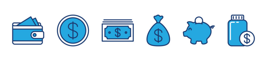 Finance icon set. Money, Wallet, piggy bank, coin, money bag or box, savings icons symbol on white background. Vector illustration