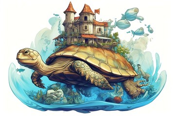 Illustration of turtle with home and aquarium. Generative AI