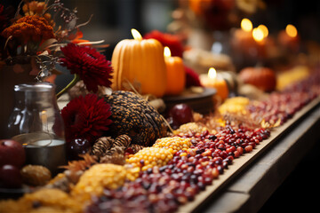 DIY Thanksgiving Decorations. A creative scene displaying handmade Thanksgiving decorations like wreaths, centerpieces, or place cards. Craft materials and finished decor items.