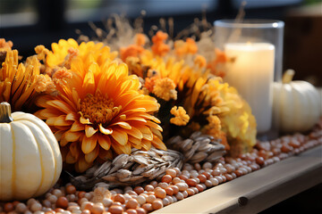 DIY Thanksgiving Decorations. A creative scene displaying handmade Thanksgiving decorations like wreaths, centerpieces, or place cards. Craft materials and finished decor items.