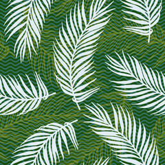 Seamless jungle palm leaves vector pattern. Botanical elements over waves