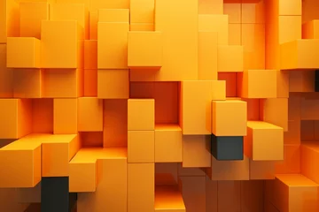 Fotobehang Interlocking blocks in various shapes and sizes form a wall against an orange and yellow futuristic background with empty space. Generative AI © Darian