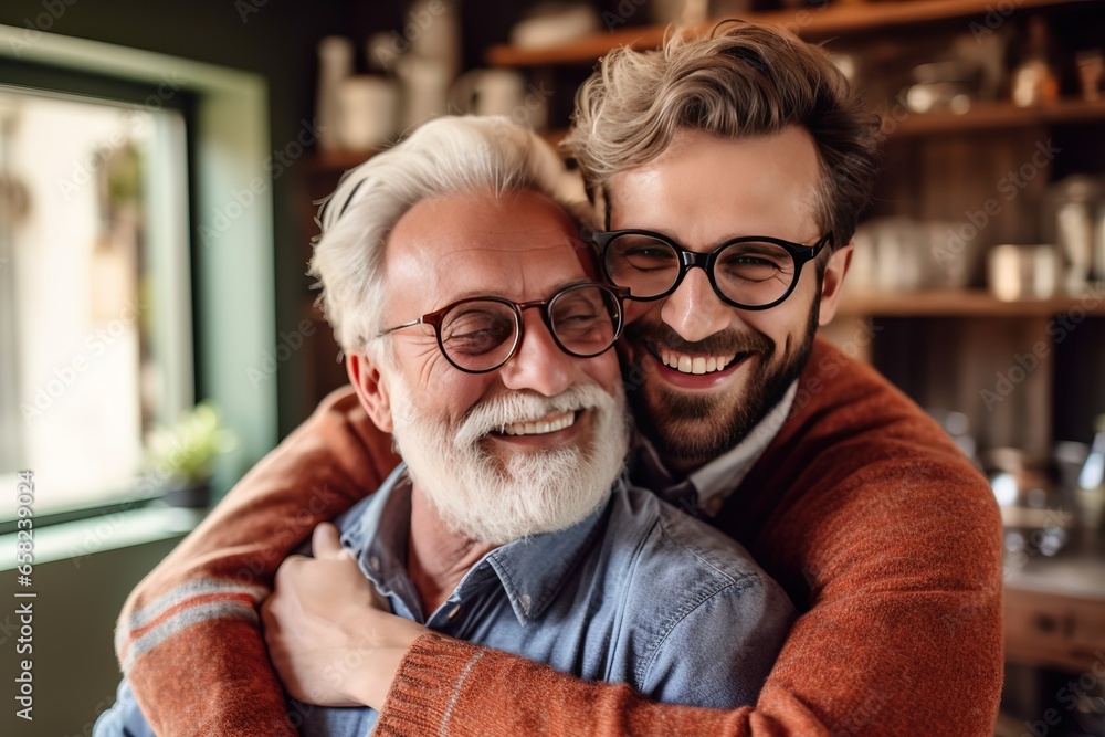 Wall mural adult hipster son fun hugging old senior father at home, two generations have a beard talking togeth