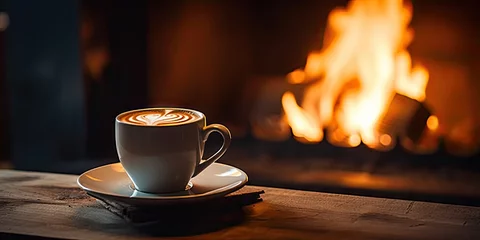 Foto op Plexiglas Cozy winter morning by fireplace with hot cocoa. Fireside comfort. Enjoying warm drink at home. Winter wonderland. Cup of tea by fireplace © Thares2020