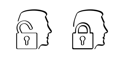 Cartoon face key profile icon. Unlock, open or close lock system. Access granted. Head profile speak, communication pictogram. Assistance vector icon. Psychology therapy concept. Password protection