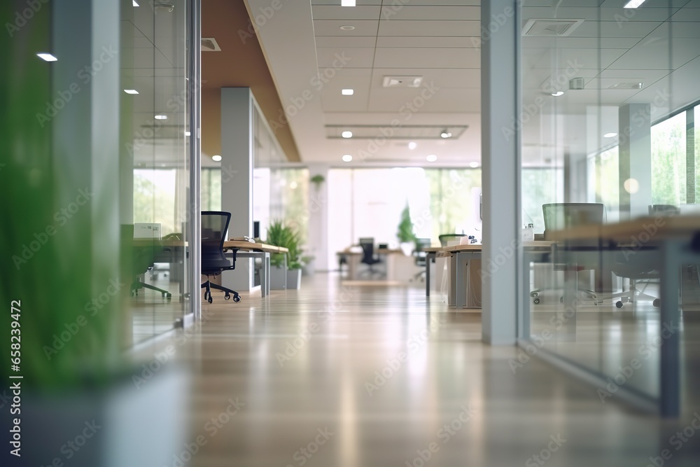 Wall mural Blurred empty open space office. Abstract light bokeh at office interior background for design.