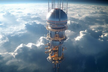Concept of future technology with a space elevator for space travel. Generative AI - obrazy, fototapety, plakaty