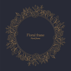 Gold floral frame with roses, gold design with flowers.