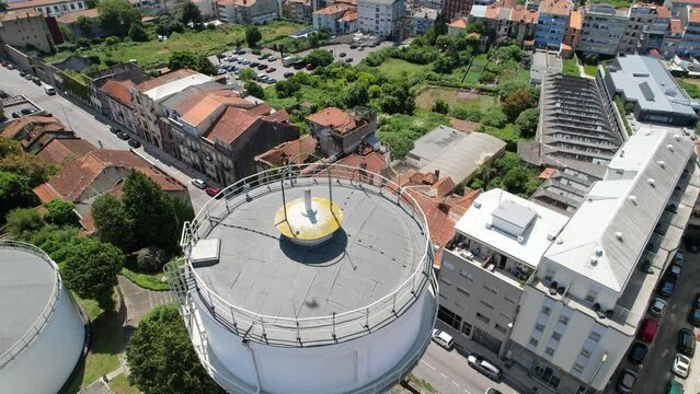 Aerial view of the large water tanque in the city center, the water reservoir in Porto town. Portugal 
