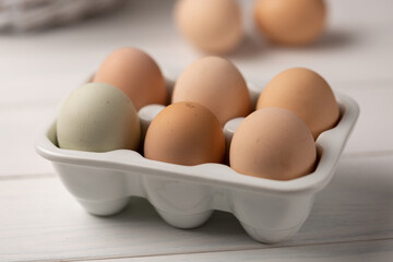 Fresh farm multicolored eggs from purebred chickens
