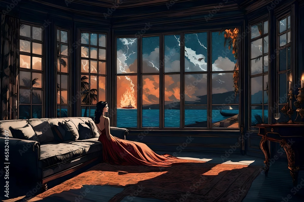 Poster a gangster paradise room with a large window and a sofa - ai generative