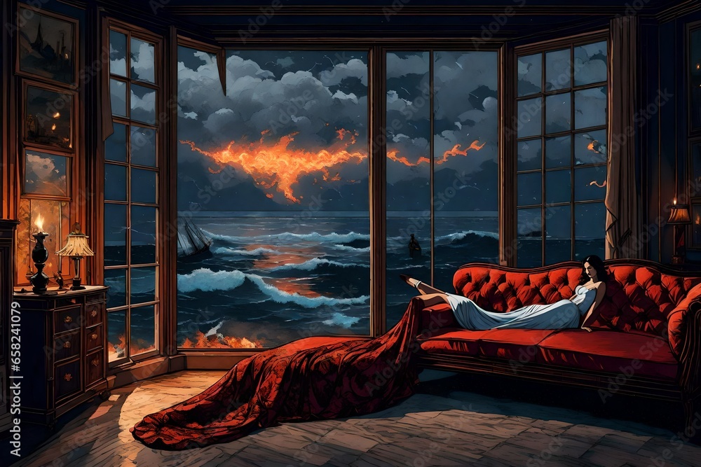 Poster a gangster paradise room with a large window and a sofa - ai generative