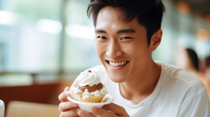 Happy asian man biting cream cake in the cafe closeup