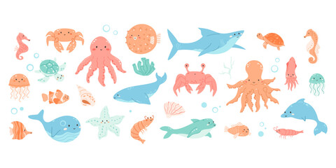 Undersea animals big collection. Cute fish set, octopus, baby dolphin, seahorse, shrimp with kawaii face, squid, puffer fish, shark, turtle, crab. Aquatic cartoon bundle. Vector illustration.