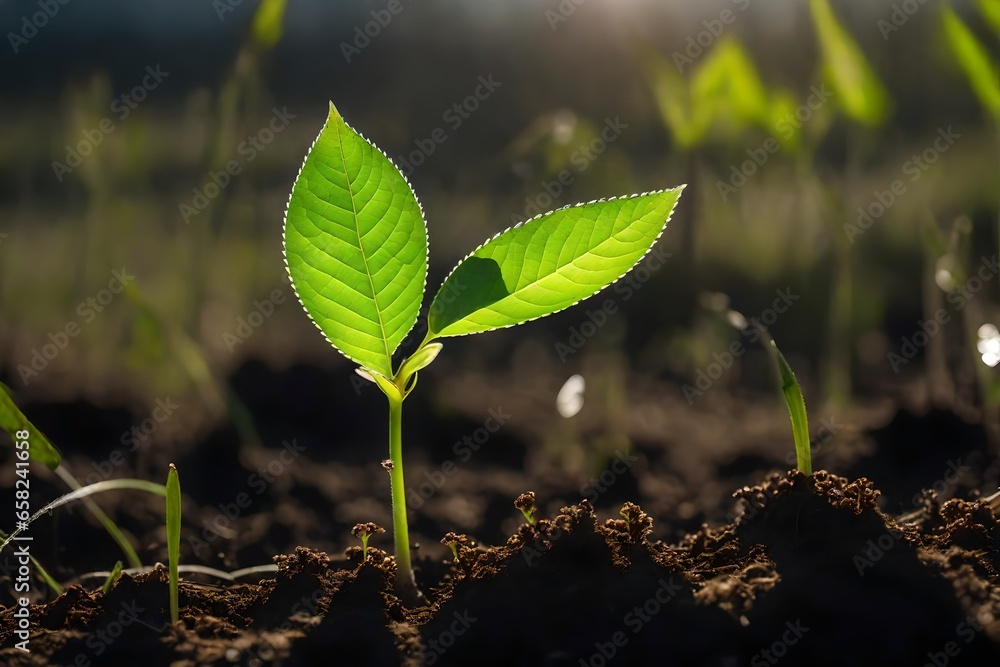 Poster a small seedling named sprout nestled in the soil of a vibrant meadow - ai generative